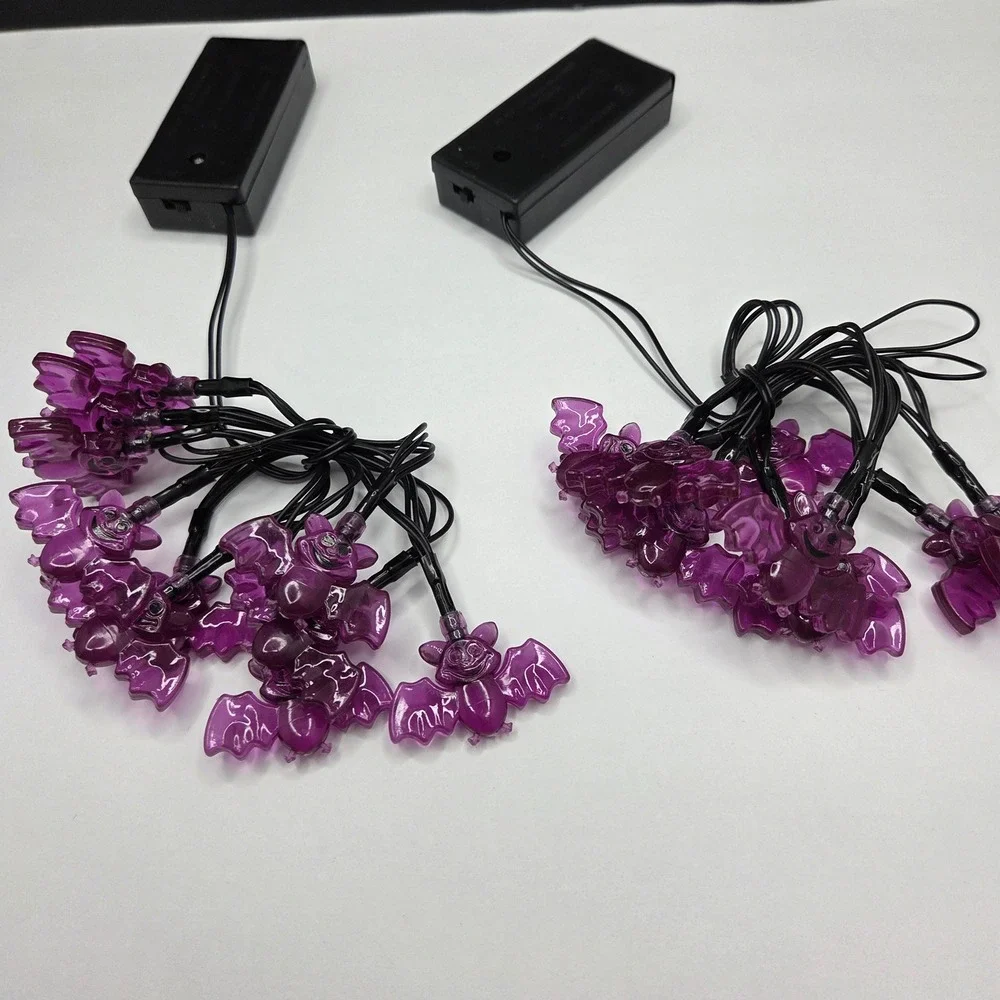 Halloween Bat String Lights Purple LED Battery Operated 2 Pack Set Spooky Decor